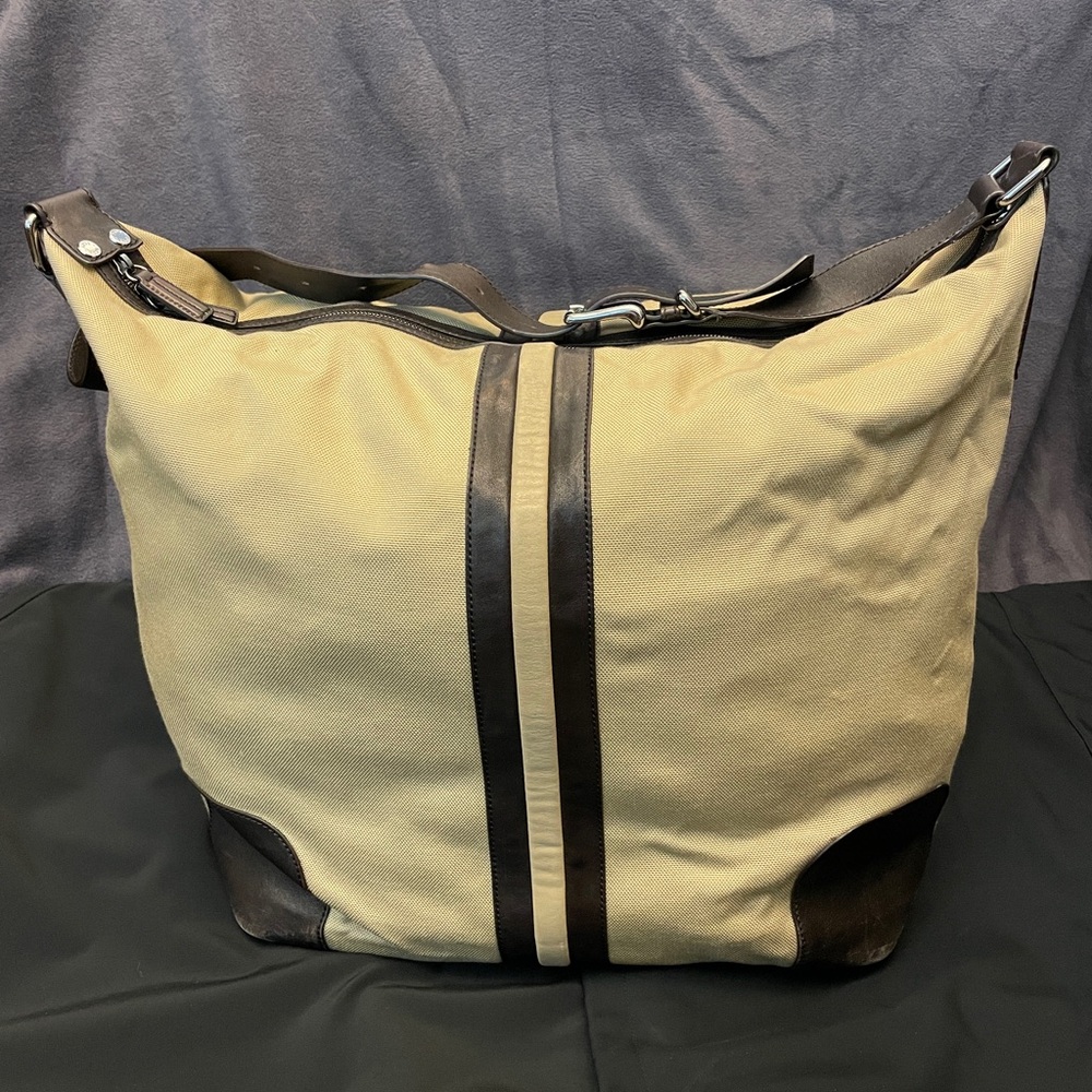 Vintage Tod's Tan and Black Duffel Bag with Sporty Stripes